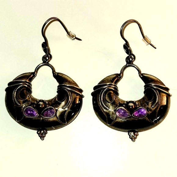 Vintage Earrings, Purple Amethyst Sterling Silver Puffy Hoop Drop Earrings - Picture 3 of 6